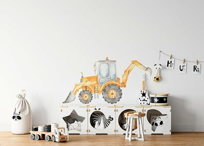 Construction Tractor Backhoe Loader Wall Decal for Boys Room, Construction Eqipment Peel Stick Removable Fabric Wall Sticker, Nursery or Playroom Decor, Repositionable (24 inch: 13" Tall x 24" Wide)