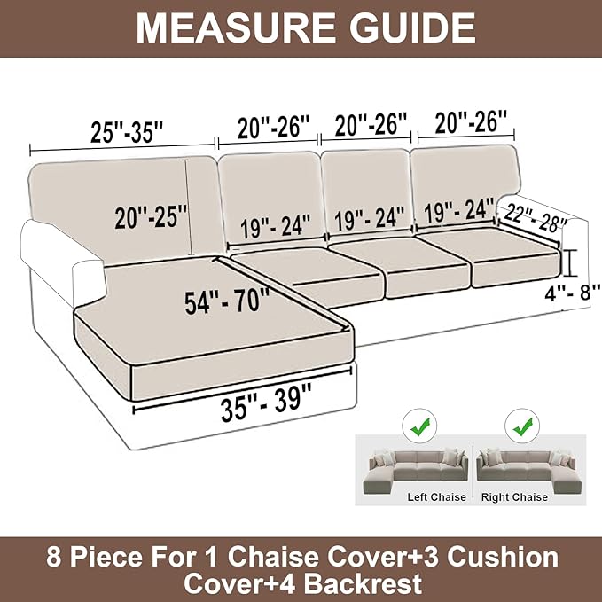 NAISI Sectional Couch Covers 8 Pieces Velvet Couch Cushion Covers L Shape Soft Stretch Sofa Slipcovers with 2pcs Pillowcases for Left/Right Chaise Sectional Couch(3 Seater+1 Chaise+4 Back,Taupe)
