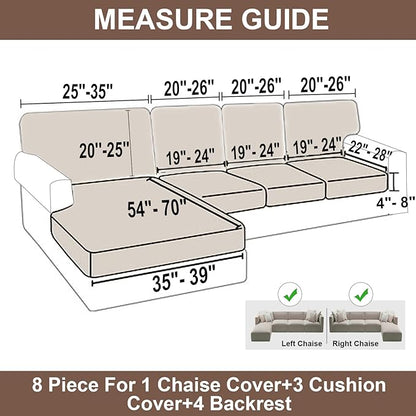 NAISI Sectional Couch Covers 8 Pieces Velvet Couch Cushion Covers L Shape Soft Stretch Sofa Slipcovers with 2pcs Pillowcases for Left/Right Chaise Sectional Couch(3 Seater+1 Chaise+4 Back,Taupe)