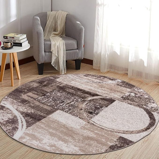 Rugshop Contemporary Abstract Circle Design Round Rug, Fade-Resistant Carpet for Living Room, Office, or Entryway, Brown, 6'6" Round
