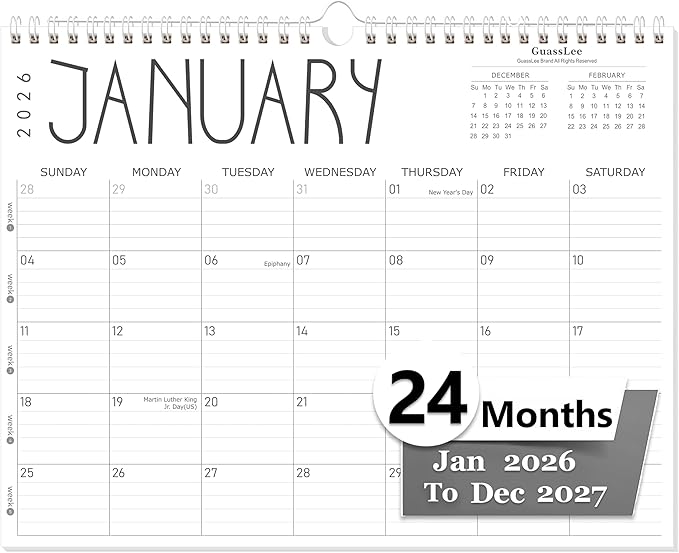GuassLee Wall Calendar 2026-2027, 24-Month Wall Calendar Runs from January 2026 until December 2027,14" X 11" Hanging Monthly Planner with Thick Paper, Ruled Blocks for Home School Office Organizing
