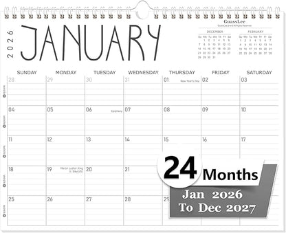 GuassLee Wall Calendar 2026-2027, 24-Month Wall Calendar Runs from January 2026 until December 2027,14" X 11" Hanging Monthly Planner with Thick Paper, Ruled Blocks for Home School Office Organizing
