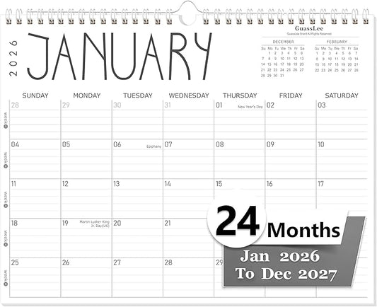 GuassLee Wall Calendar 2026-2027, 24-Month Wall Calendar Runs from January 2026 until December 2027,14" X 11" Hanging Monthly Planner with Thick Paper, Ruled Blocks for Home School Office Organizing