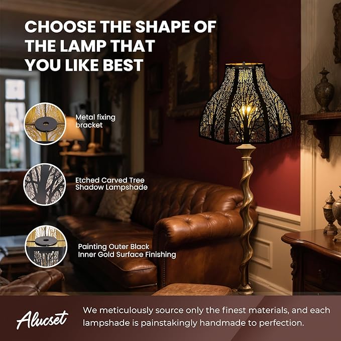 Etched Forest Large Metal Lampshade 5.32 X 13 X 9.5 Inch 8-petal Lotus Shape Fits for Floor Lamp Table Lamp for Living Room Bedroom(Outer Black Inner Gold)