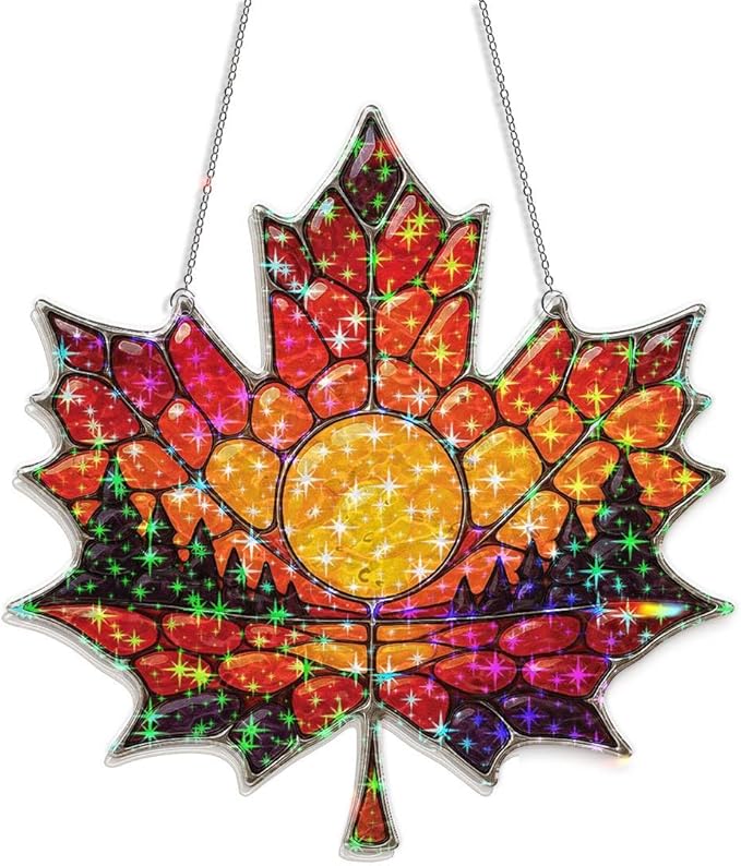 Autumn Sunset Leaf Acrylic Suncatcher, Window Hanging Sun Catcher Ornament, Crystal Prism Light Catcher Decor, Sunlight Window Decor, Aesthetic Home Decor Gift