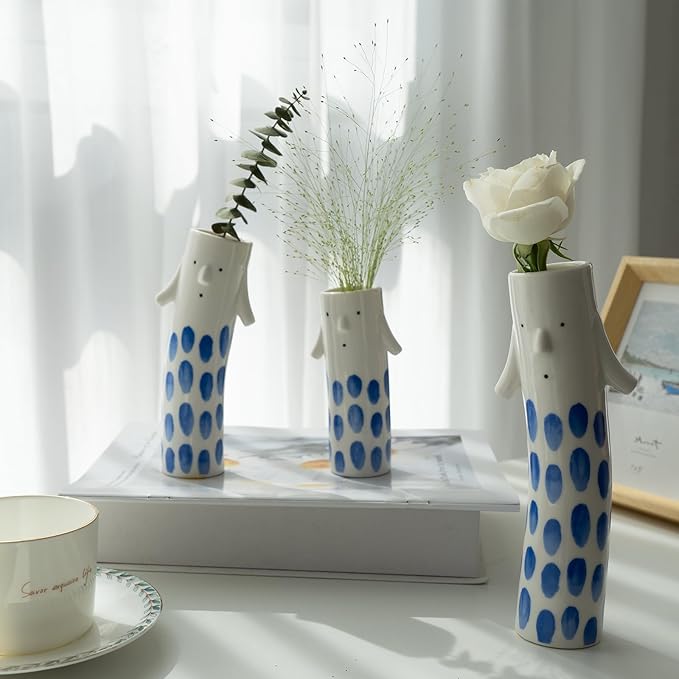 Cute Family Face Vases Set of 3 - Unique Ceramic Bud Vases for Small Flower - Fun Modern Aesthetic Decor for Home - Pretty Decorative Flower Holder for Women and Kids for Spring