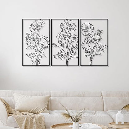 Therwen 3 Pcs Black Metal Wall Art Minimalist Wall Decor for Bedroom Flowers Decor Hanging Flower Bathroom Art Flower Line Sculpture Kitchen Decoration 16.5 x 9.8 Inch