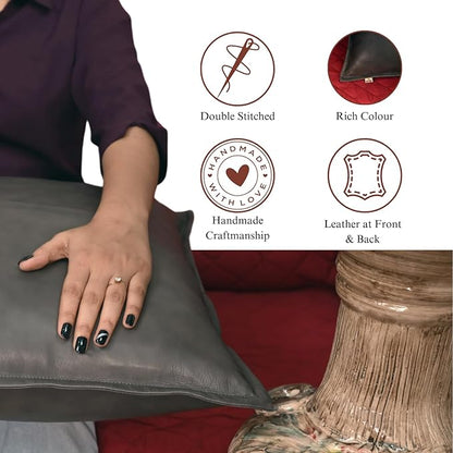 Lambskin Leather Pillow Cover - Sofa Cushion Case - Decorative Throw Covers for Living Room & Bedroom, 14x14 Inches - Grey Antique Box Pack of 1