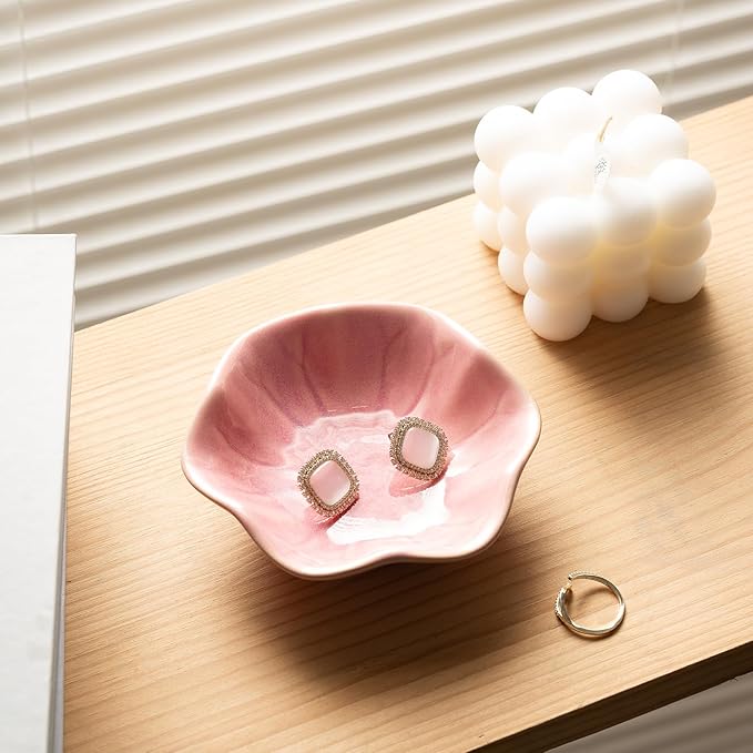 Ceramic Ring Dish, Jewelry Dish Holder, Small Trinket Tray Plate for Earrings Rings Necklaces Keys, Gift for Mom Friend Sister on Birthday Mother's Day Christmas (Pink Surface)