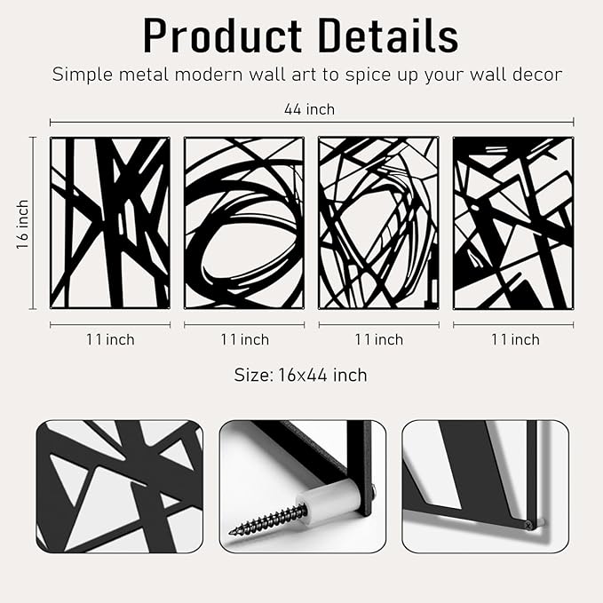 Bakovity Black Abstract Wall Art, Metal Art Wall Decor, Modern Large Wall Art, 3D Abstract Wall Sculptures for Bedroom Bathroom Living Room (4 Pack, 16 x 11 in)