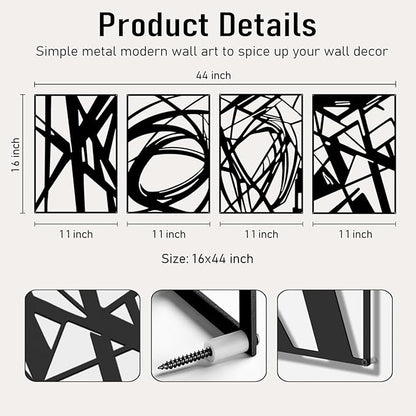 Bakovity Black Abstract Wall Art, Metal Art Wall Decor, Modern Large Wall Art, 3D Abstract Wall Sculptures for Bedroom Bathroom Living Room (4 Pack, 16 x 11 in)