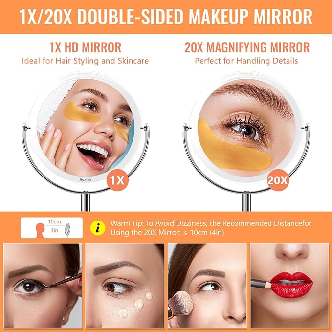 Auxmir 20X Magnifying Makeup Mirror, Double Sided 1X/20X Magnifying Mirror, Tabletop Magnified Vanity Mirror with Magnification, 360° Rotation, Stand for Dressing Table, Bathroom, Bedroom