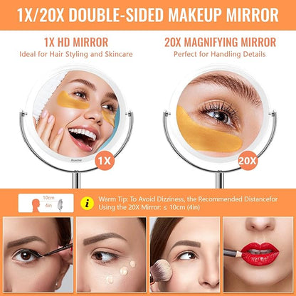 Auxmir 20X Magnifying Makeup Mirror, Double Sided 1X/20X Magnifying Mirror, Tabletop Magnified Vanity Mirror with Magnification, 360° Rotation, Stand for Dressing Table, Bathroom, Bedroom