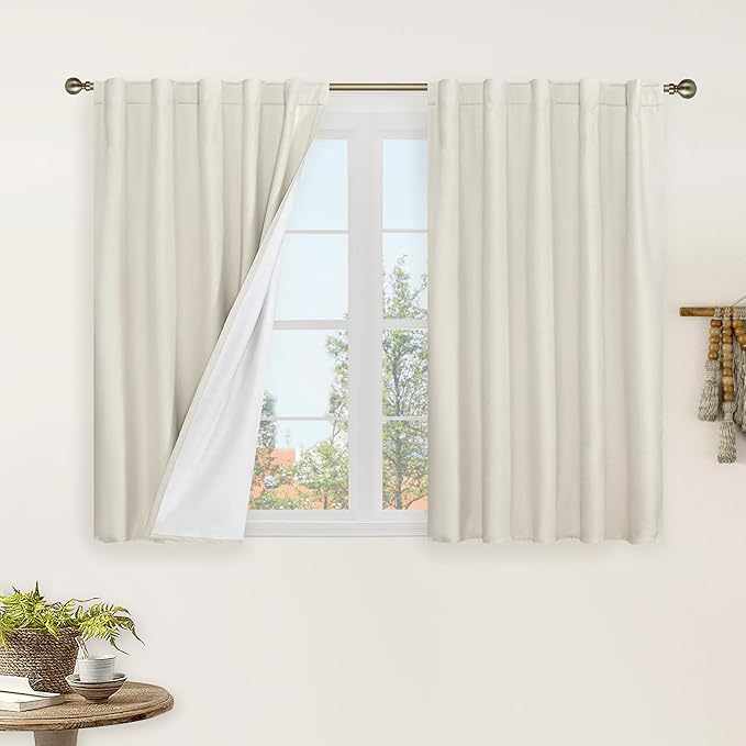 LAMIT Natural 100% Blackout Linen Curtains, 40 Inches Linen Textured Thermal Bedroom Curtains Back Tab and Rod Pocket Neutral Panels with White Liner for Farmhouse, 2 Panels, 42 x 40 Inch, Ivory