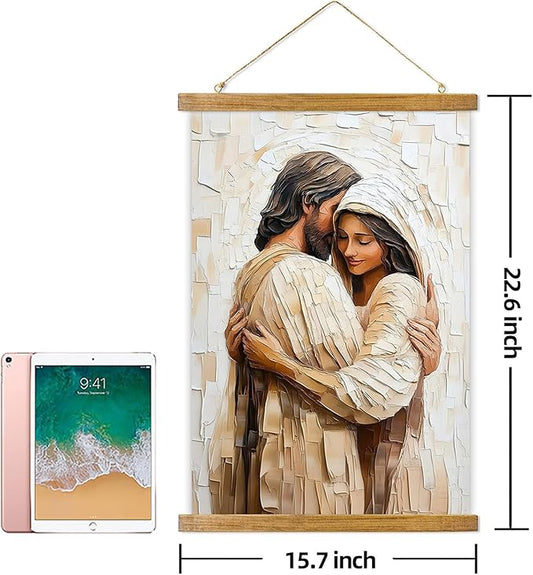 ABoby Jesus Embracing Woman Poster, Safely in the Arms of Jesus Wall Art Decor, Christian Painting for Living & Prayer Room