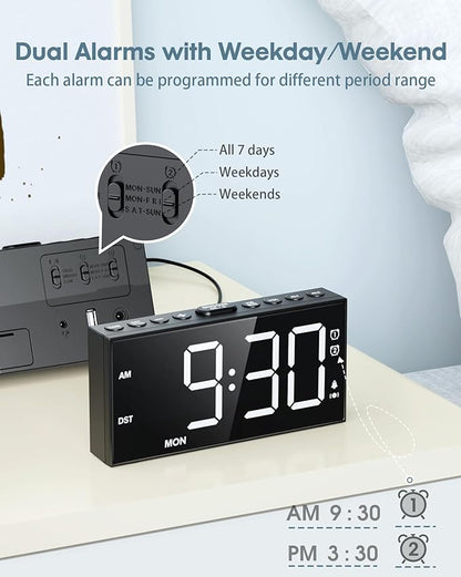 Loud Alarm Clock with Bed Shaker for Heavy Sleeper,3-level Vibrating,Large Digits,Weekday/Weekend Mode,Dual Alarms for Hard of Hearing/Deaf, 5 Volume,Dimmer,USB Charger,Snooze,Battery Backup