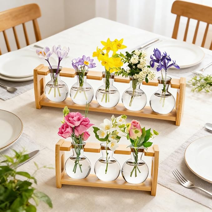 2 Pack Propagation Stations with Bamboo Stand, 8 Bulbs Desktop Water Plant Terrarium Vase, Retro Plant Propagation Jars for Indoor Plants, Glass Planter Gifts for Home Office Table Decor