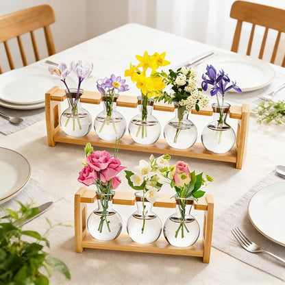 2 Pack Propagation Stations with Bamboo Stand, 8 Bulbs Desktop Water Plant Terrarium Vase, Retro Plant Propagation Jars for Indoor Plants, Glass Planter Gifts for Home Office Table Decor