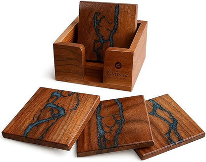 | Beautiful Epoxy Resin and Wood Coaster Set | Ideal for Tabletop Protection | Enhance Your Coffee Table Decor | (Fractal Burning Blue)