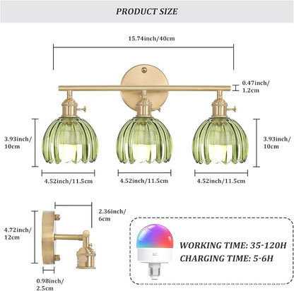 Battery Operated Bathroom Light Fixtures, 3-Light Brass Vanity Wall Light with 5000mAh Rechargeable Bulb Over Mirror with Green Tulip Glass Shade for Bedroom Living Room