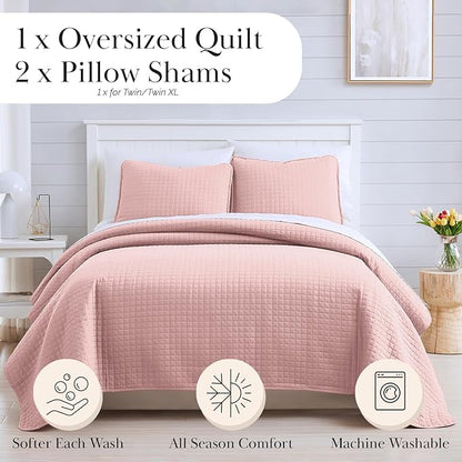 Southshore Fine Living, Inc. Stitched Twin XL Comforter Quilt Bedding Set, Dorm Room Bedding, Stain Resistant, Machine Washable Bedspread, XL/Twin Pink Quilt Bed Spread w/Pillow Sham, Pastel Pink