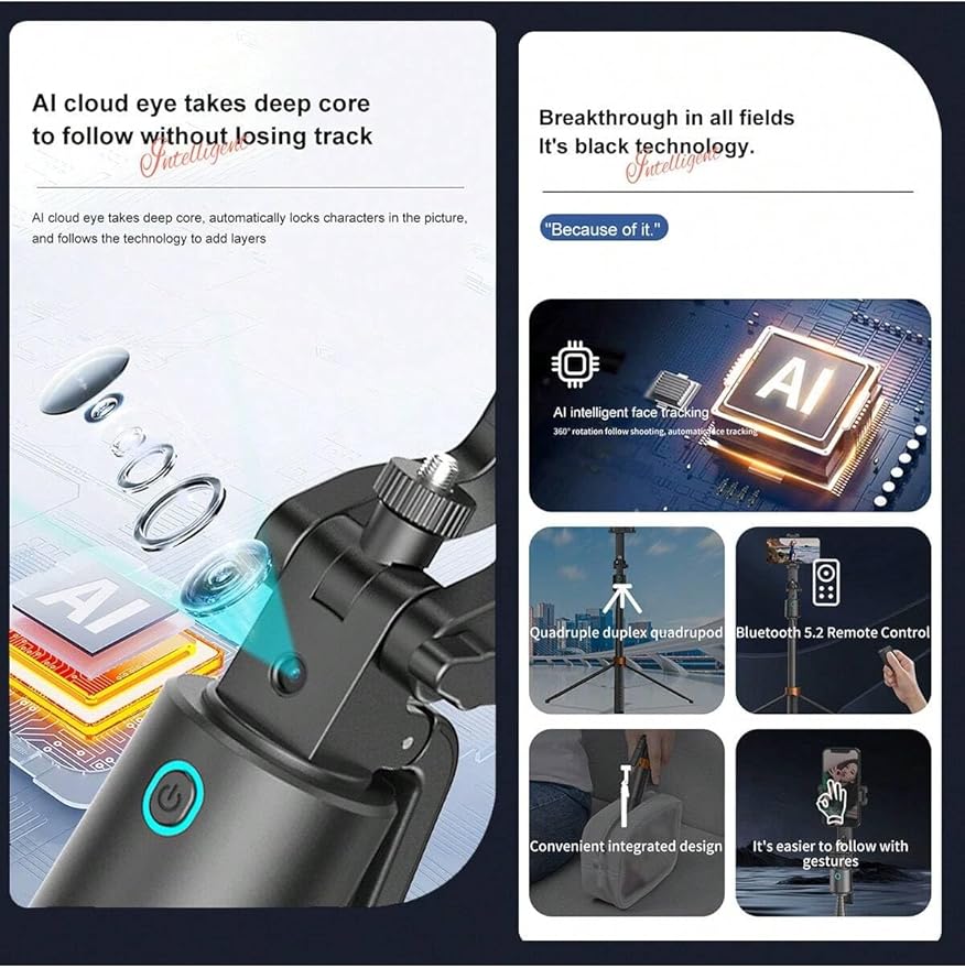 Auto Face Tracking Phone Holder,No App Required,360° Rotation Phone Camera Stand with Remote and Gesture Control, Smart Shooting Stand for Vlog/TIK Tok Live Streaming YouTube Video Record w/Fill Light