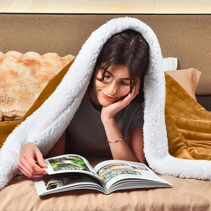 KAWAHOME Sherpa Fleece King Size Blanket for Bed - Extra Warm and Heavy Thick Blankets for Winter, Super Soft 500GSM Plush Blanket, 108" X 90" Ginger Yellow