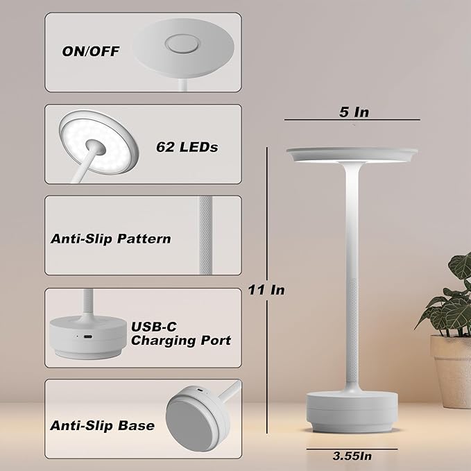 2 Pack Rechargeable Table Lamps Cordless, Portable 5000mAh Outdoor Table Light, 3 Color Stepless Dimming LED Table Lamp with Memory Function, for Home/Dinner/Patio/Restaurant.(Light Gray)
