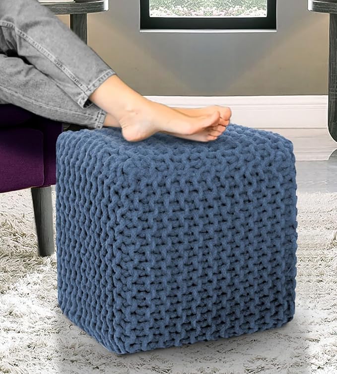 COTTON CRAFT Braided Cube Pouf - Hand Knitted Cotton Cord Cable Dori Ottoman - Foot Stool - Floor Pouf - Footrest - Portable Lightweight Accent Seat - Living Room Bedroom Dorm - 15 x 15 Square - Blue