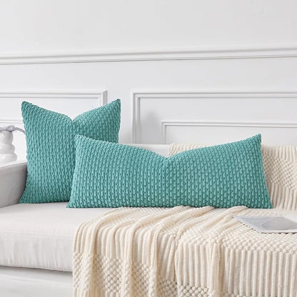 Kevin Textile 20x54 Inch Long Body Lumbar 1 Pack Boho Decorative Throw Pillow Cover Soft Striped Corduroy Rectangle Cushion Case Farmhouse Accent for Living Room Couch Sofa Bed, Aqua Green