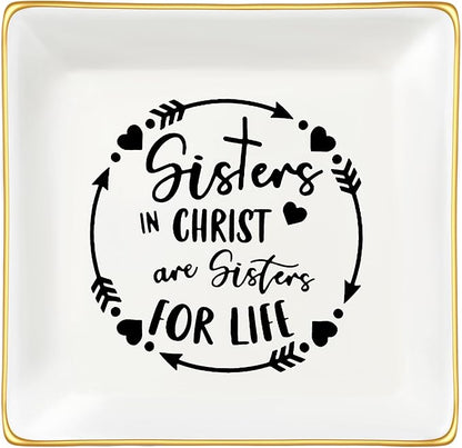 JoycuFF Gifts for Sister in Christ, Sister Gifts from Sisters Christian Gifts for Women Religious Ceramic Trinket Dish Tray, Gifts for Womens Birthday Christmas