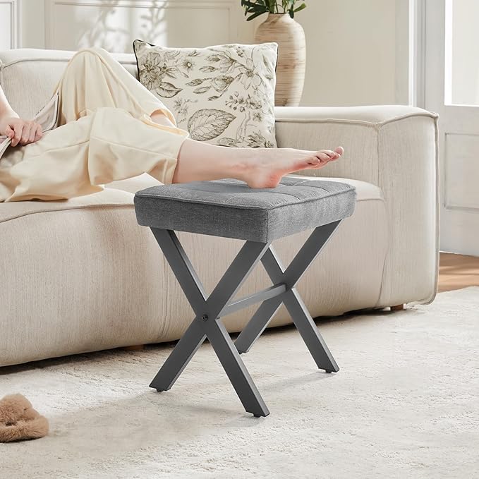 Sweetcrispy Vanity Stool Ottoman, Square Linen Makeup Stool Metal X Legs, Small Footstool Chair for Vanity, Modern Padded Seat Foot Rest for Makeup Room, Bathroom,Living Room, Entryway, Gray