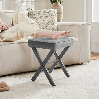 Sweetcrispy Vanity Stool Ottoman, Square Linen Makeup Stool Metal X Legs, Small Footstool Chair for Vanity, Modern Padded Seat Foot Rest for Makeup Room, Bathroom,Living Room, Entryway, Gray