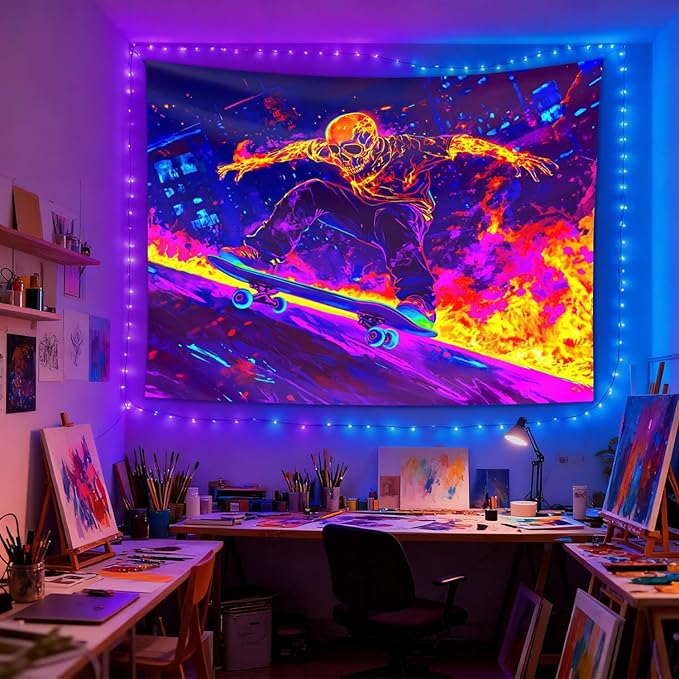 seewan Black Light Skull Tapestry, Glow-in-the-Dark UV Neon Street Art & Graffiti Wall Hanging, Cool Psychedelic Skull Skater Poster Tale, Bedroom Dorm Living Room Background Decor