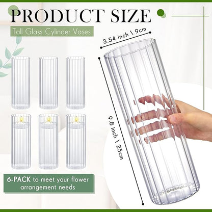 6 Pcs 10 Inch Tall Glass Ribbed Cylinder Vases Clear Floating Candle Flower Vase in Bulk, Hurricane Candle Holder for Wedding Housewarming Gift Table Centerpieces