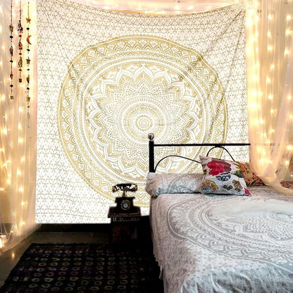 raajsee Mandala Tapestry - Boho Wall Art - 30x40 Inches - White Gold - Bedroom Decor