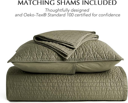 EVERGRACEHOME Cotton Sateen Quilt Set Queen Size, Pre-Washed Cotton Channel Stitch Coverlet Bedspread, 3 Pieces Lightweight Soft Bedding Sets for All Season, with 2 Pillow Shams, Olive Green