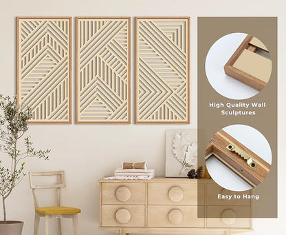 IARTTOP Large Boho Wooden Wall Art 16x32 Inch Framed Mid century Modern Wood Wall Decor Minimalist Modern Bohemian Decor for Dining Room Living Room Bedroom Set of 3