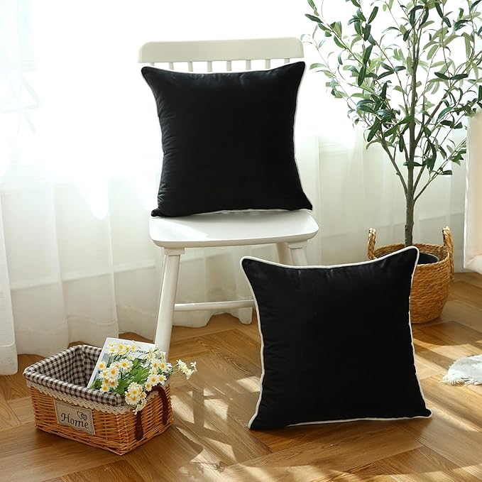 LIGICKY Set of 2 Black Velvet Throw Pillow Covers Modern Minimalist Style Solid Decorative White Rope Edging Soft Square Cushion Cases for Sofa Bedroom Party Décor, 26 x 26 inch