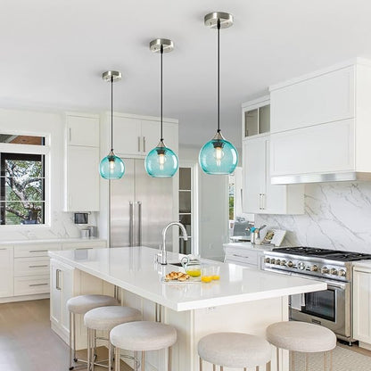 Light Blue Glass Pendant Lights Kitchen Island Globe Pendant Light Fixtures Modern Pendant Lighting for Bedroom Living Dining Room Light Fixture (5.9 in, 3 Pack)