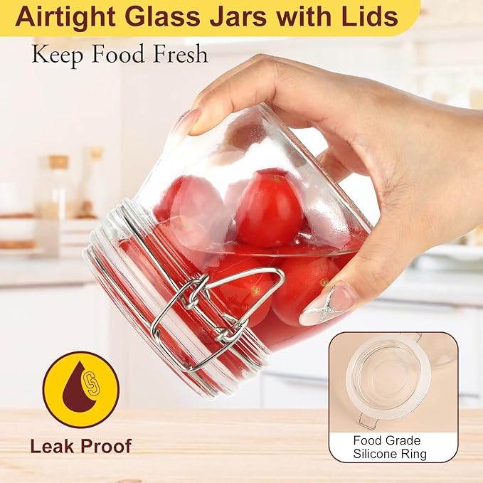 16 oz Glass Jars with Airtight Lids, 6 Pack Wide Mouth Mason Jars with Clamp Lids for Kitchen Canisters, Food Storage Containers for Pickling, Coffee, Spices, Sugar, Herbs