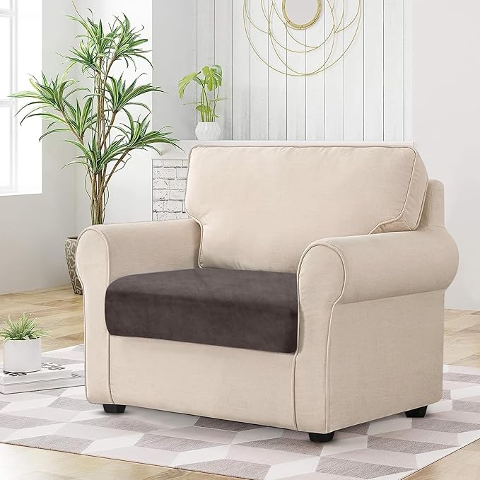Couch Cushion Cover Velvet 1 Piece Seat Cushion Cover Stretch Armchair Cover Separate Sectional Sofa Slipcovers Furniture Protector (1-Seater or Sofa Backrest, Coffee)