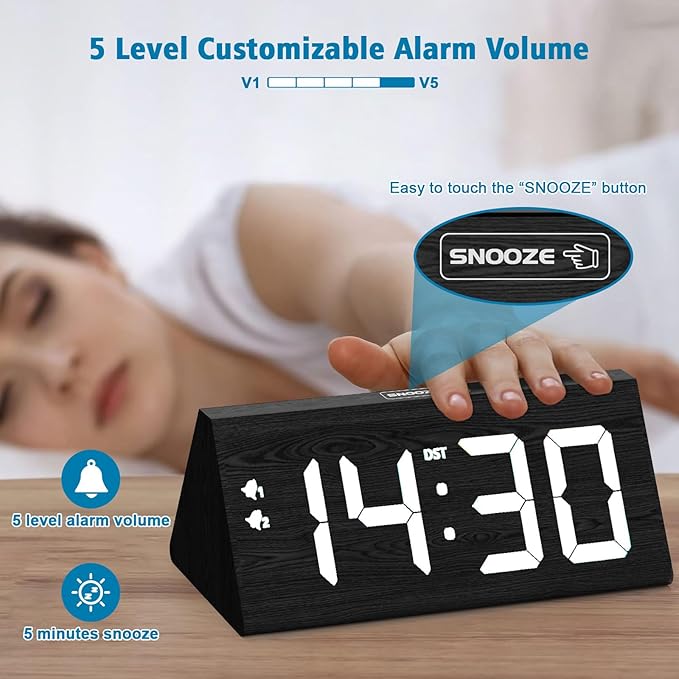 Wooden Digital Alarm Clock with Dual USB Charging Ports, DST, Dimmable, Snooze, Modern Large Time Display LED Clock for Kids Bedrooms, Living Room, Desk, Table, Bedside, Nightstand (Black)