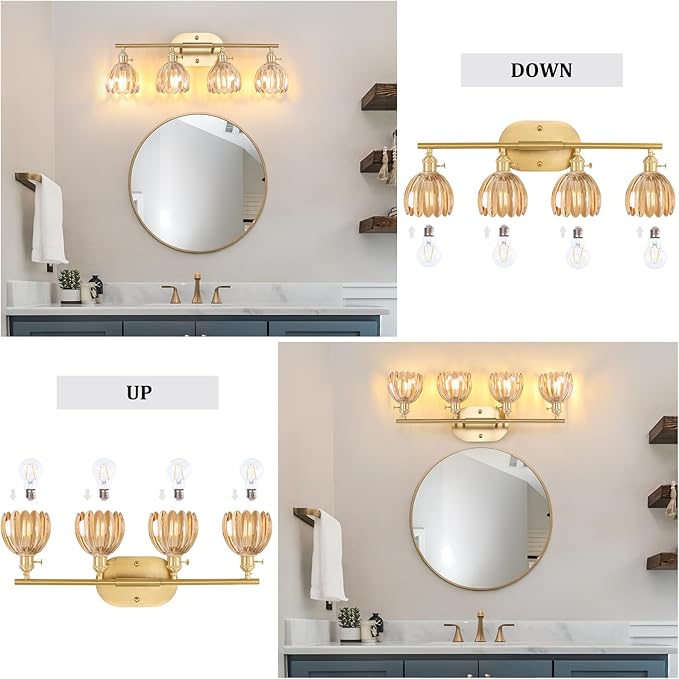 Bathroom Light Fixtures, 4-Light Brass Vanity Wall Light Over Mirror with Amber Tulip Glass Shade for Bedroom Living Room (Bulb Not Included)
