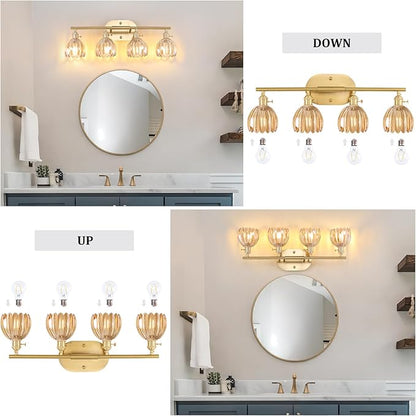 Bathroom Light Fixtures, 4-Light Brass Vanity Wall Light Over Mirror with Amber Tulip Glass Shade for Bedroom Living Room (Bulb Not Included)