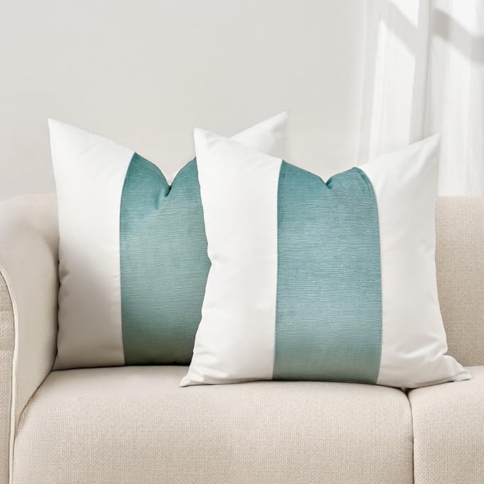 EVERGRACE x Kinsey Walsh Signature Velvet Panel Cotton Pillow Covers Set of 2, Decorative Pillow Covers 20"x20" for Couch, Square Cushion Cases for Sofa Bedroom Living Room, Aquamarine