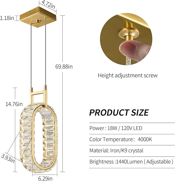 Kitchen Island Mini Light Fixture Modern Led Crystal Pendant Light Gold Oval Chandelier for Dining Room Living Room Kitchen Bedroom Bar（1-Pack