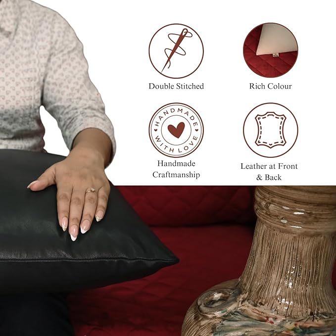 Lambskin Leather Pillow Cover - Sofa Cushion Case - Decorative Throw Covers for Living Room & Bedroom, 18x18 Inches - Black, Brown & Off White Pack of 1