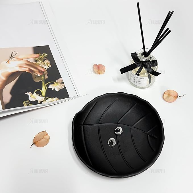 AUEAR, A5 Melamine Trinket Dish Decorative Jewelry Tray Ring Holder Organizer for Keys Food Safe Dishware Black (Leaf Style 1)