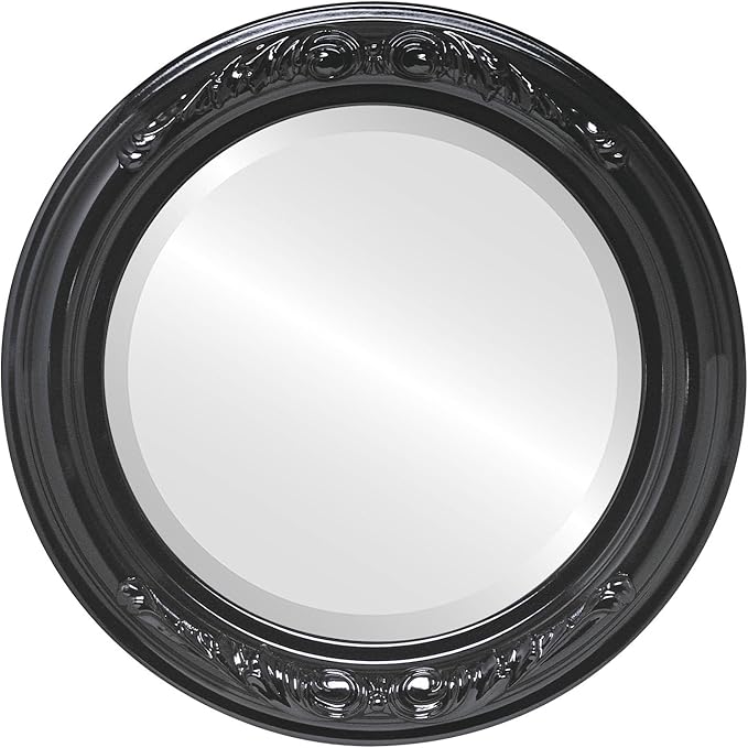 OVALCREST Round Beveled Wall Mirror for Home Decor - Florence Style - Gloss Black - 22x22 Outside Dimensions